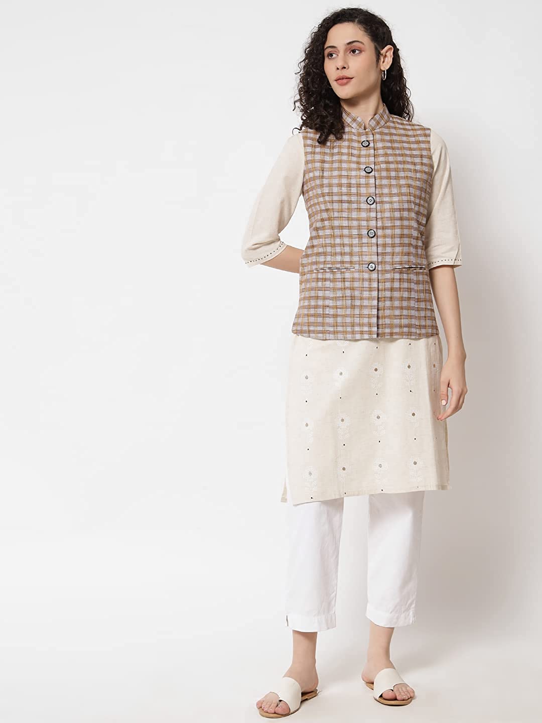 Womens Handloom Block Check Print Nehru Jacket