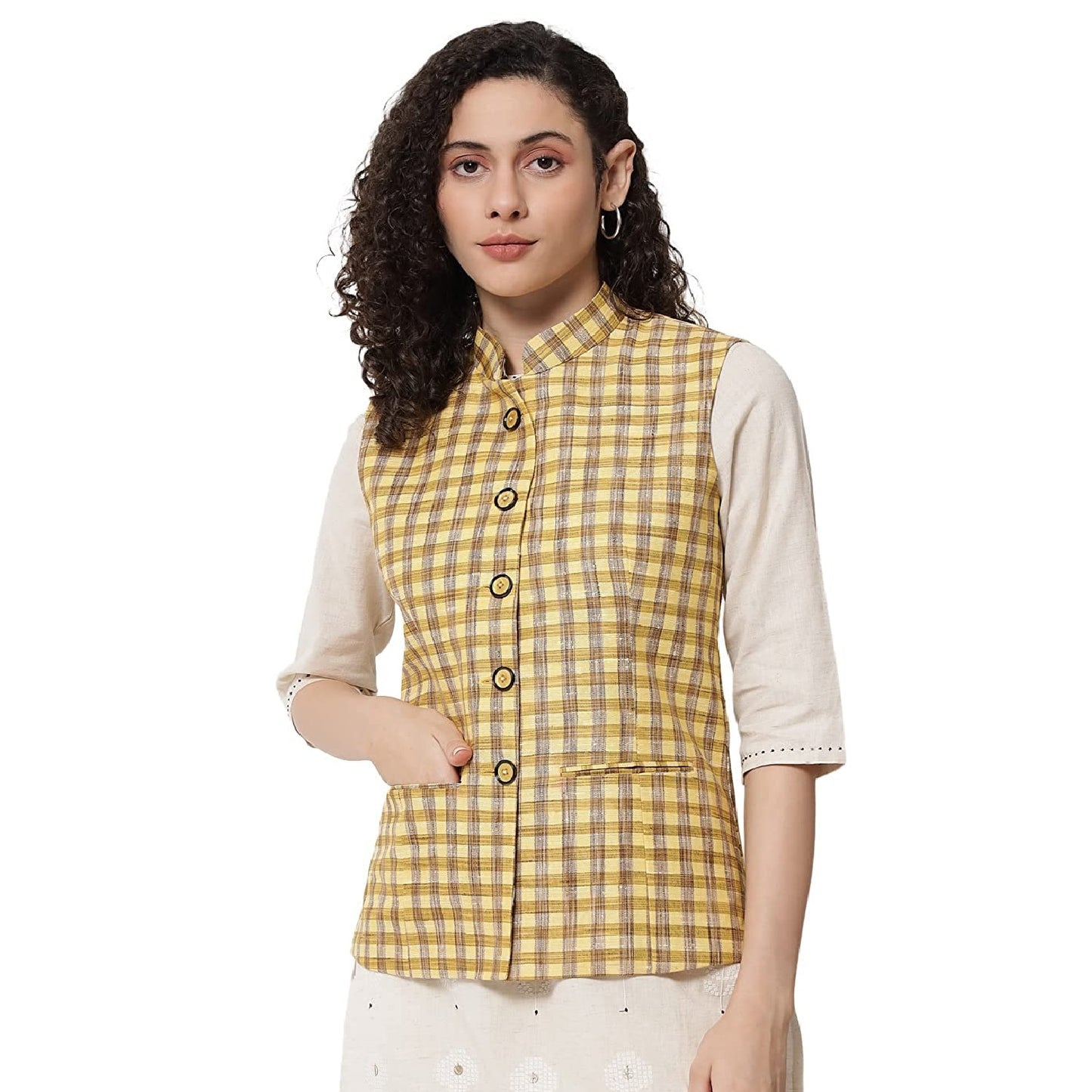 Womens Handloom Block Check Print Nehru Jacket