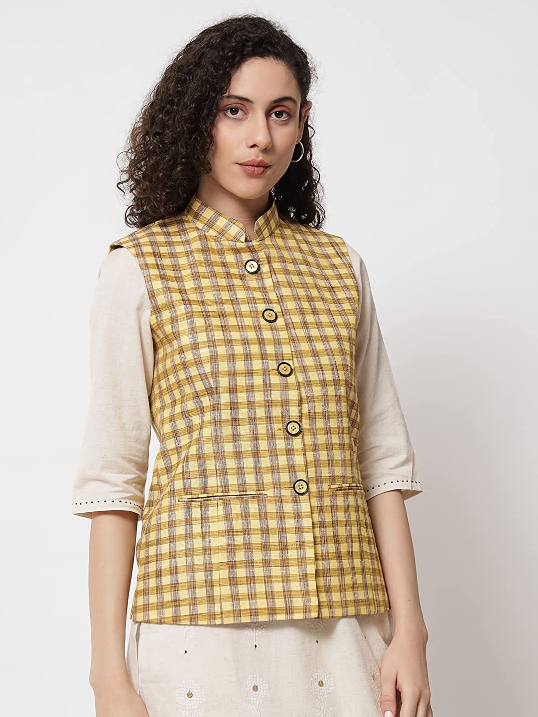 Womens Handloom Block Check Print Nehru Jacket