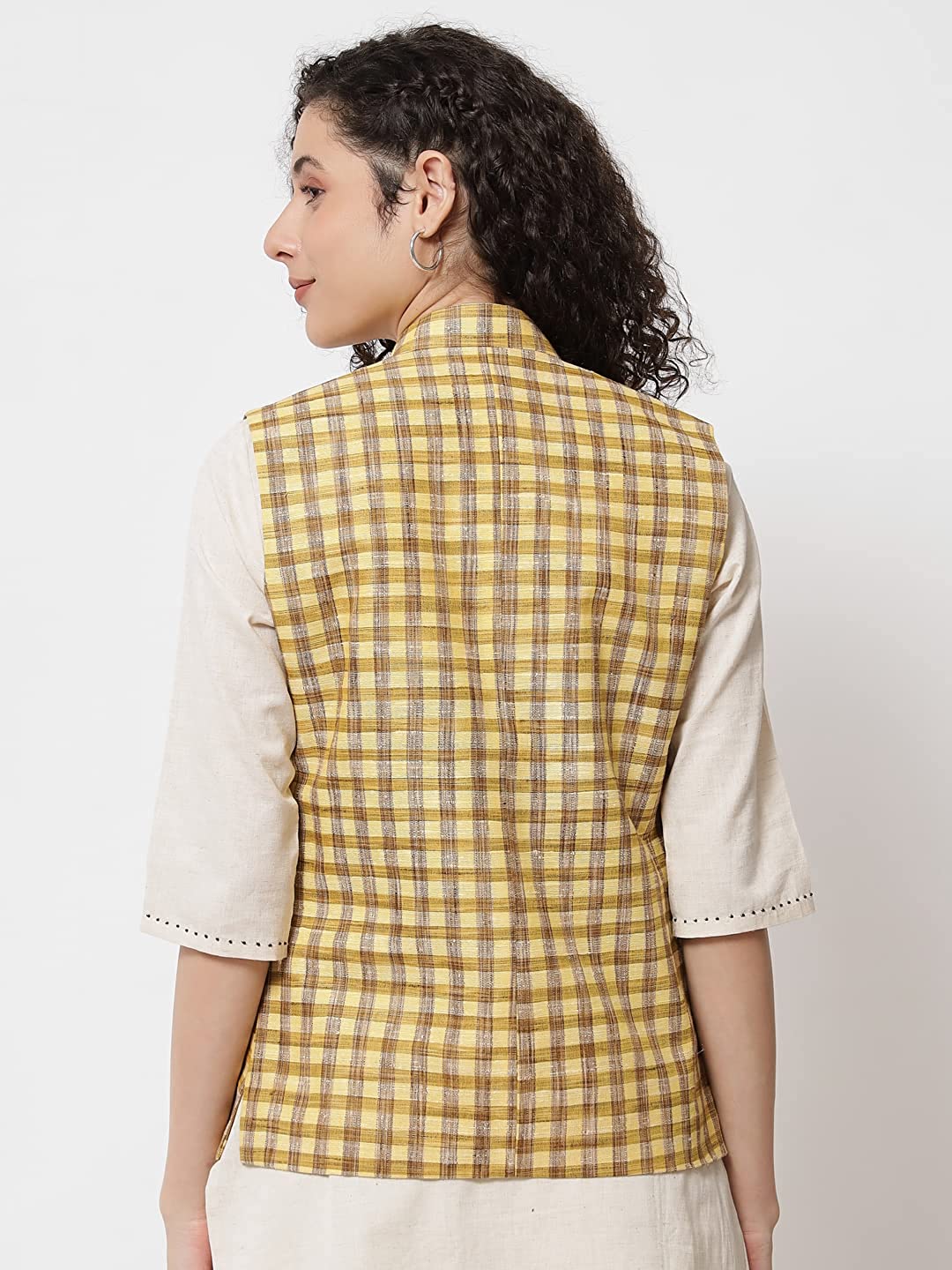 Womens Handloom Block Check Print Nehru Jacket