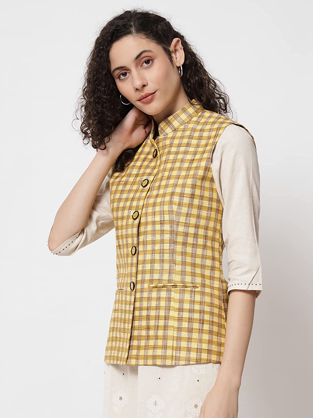 Womens Handloom Block Check Print Nehru Jacket