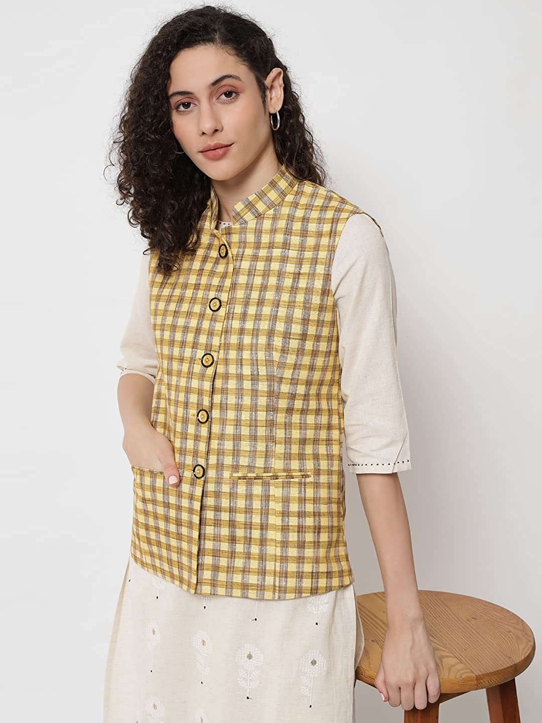 Womens Handloom Block Check Print Nehru Jacket