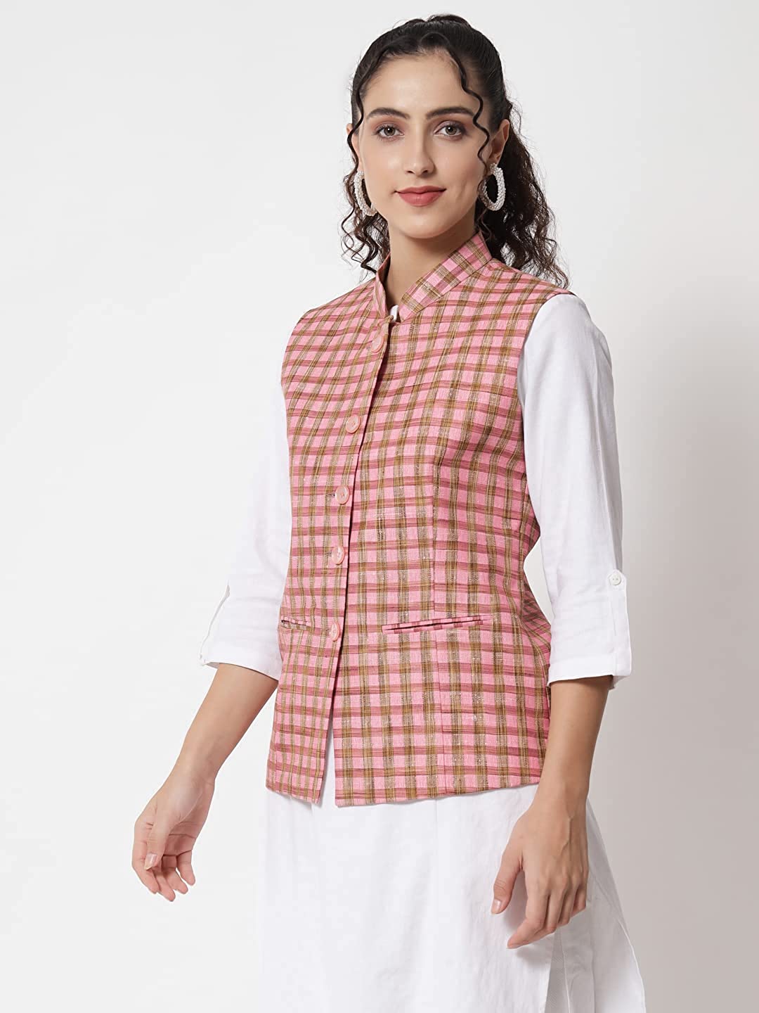 Womens Handloom Block Check Print Nehru Jacket