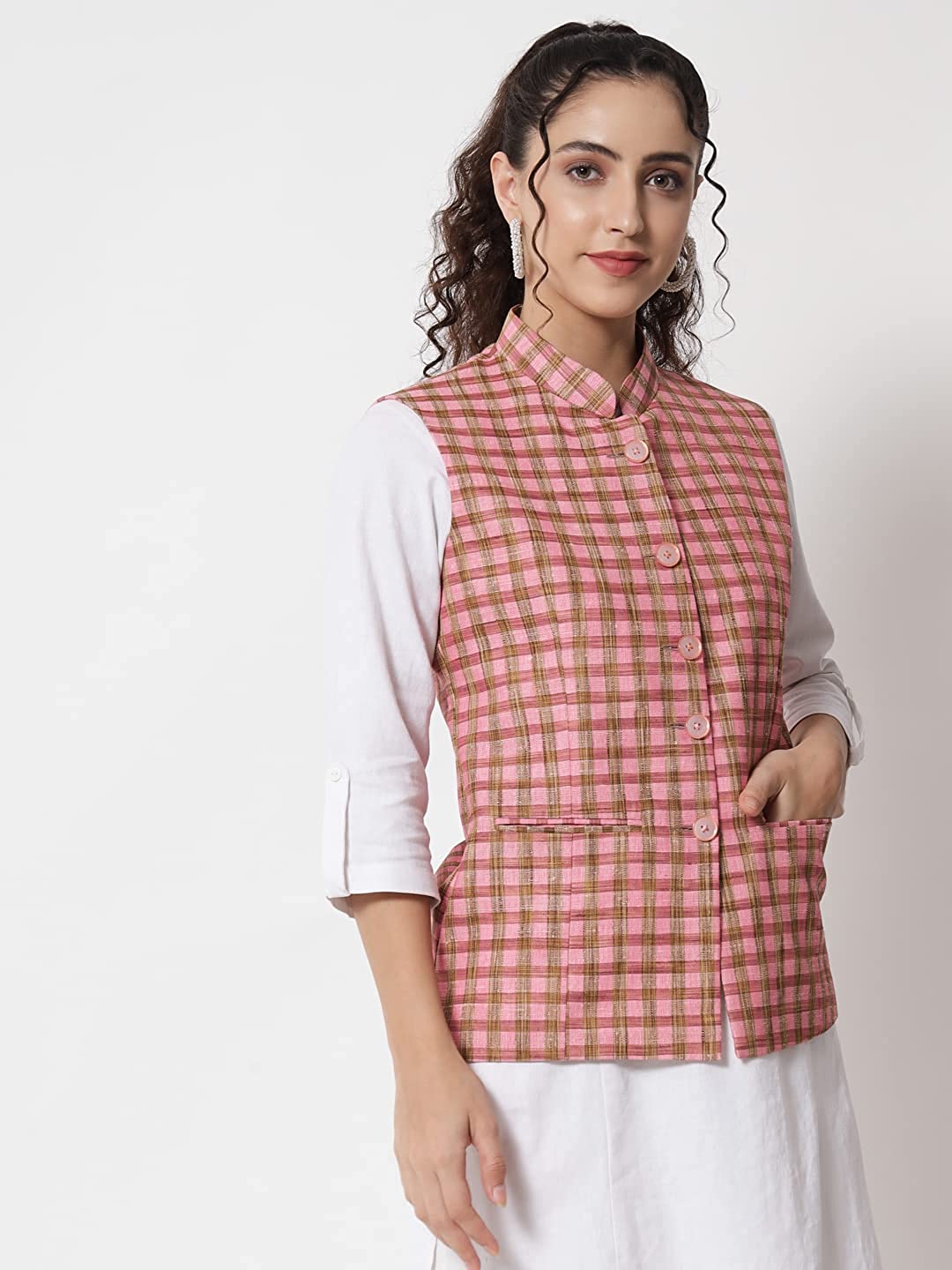 Womens Handloom Block Check Print Nehru Jacket