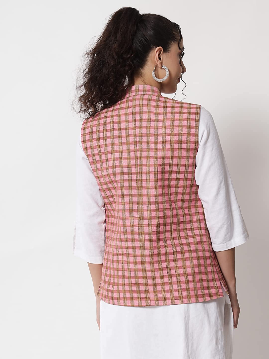 Womens Handloom Block Check Print Nehru Jacket