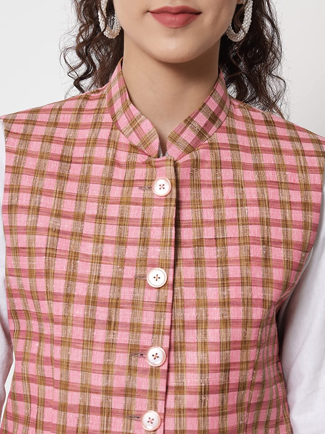 Womens Handloom Block Check Print Nehru Jacket