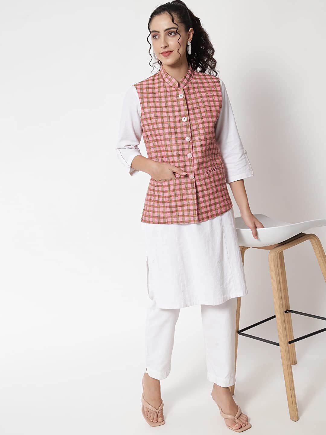 Womens Handloom Block Check Print Nehru Jacket