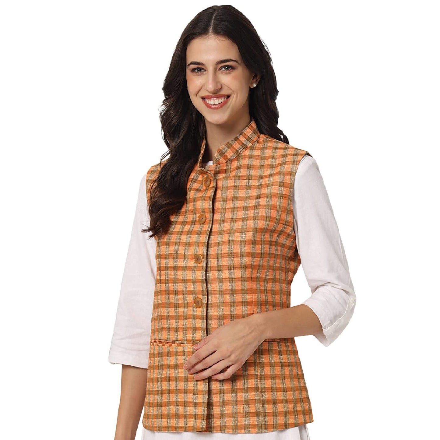 Womens Handloom Block Check Print Nehru Jacket