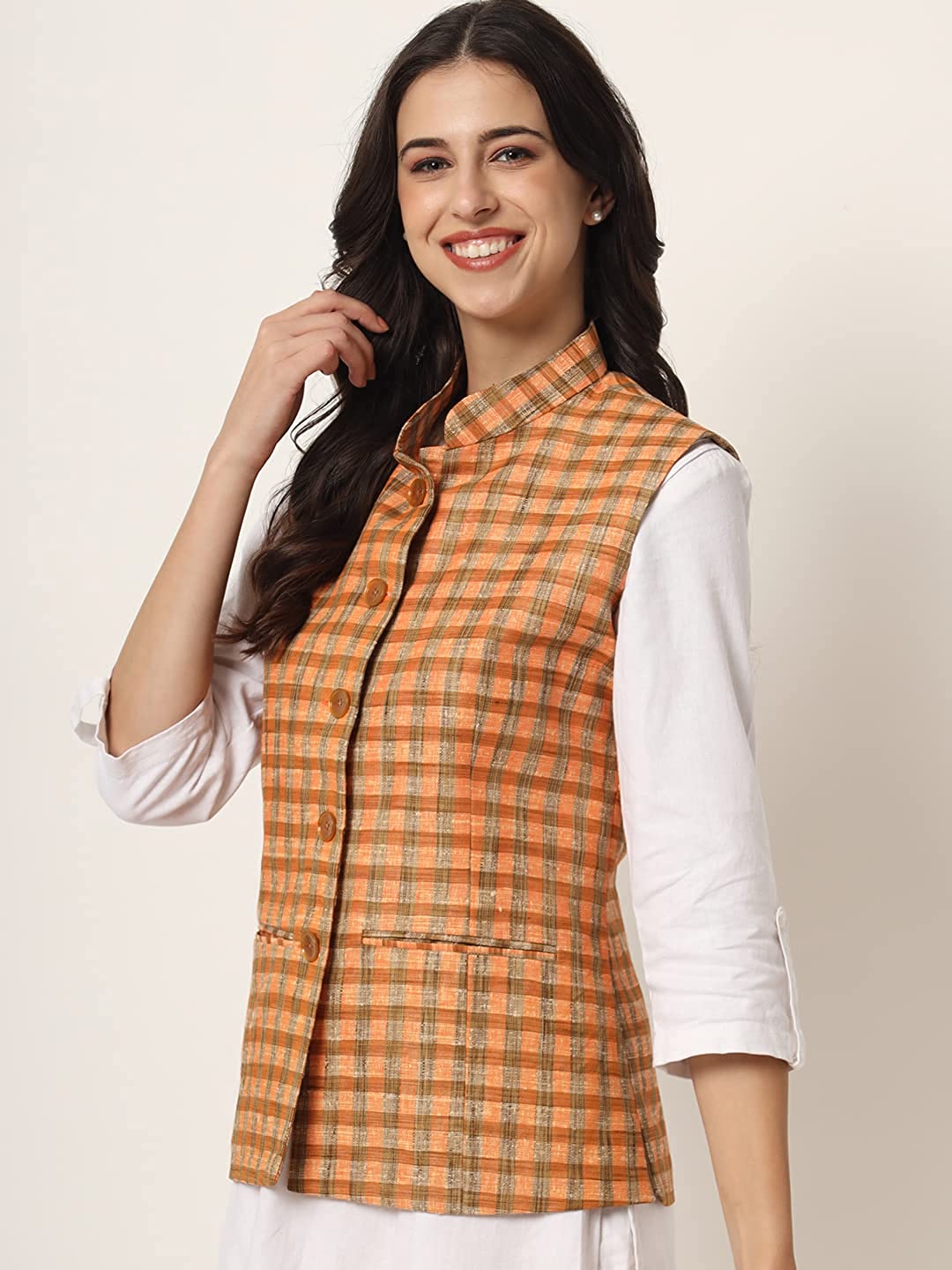 Womens Handloom Block Check Print Nehru Jacket