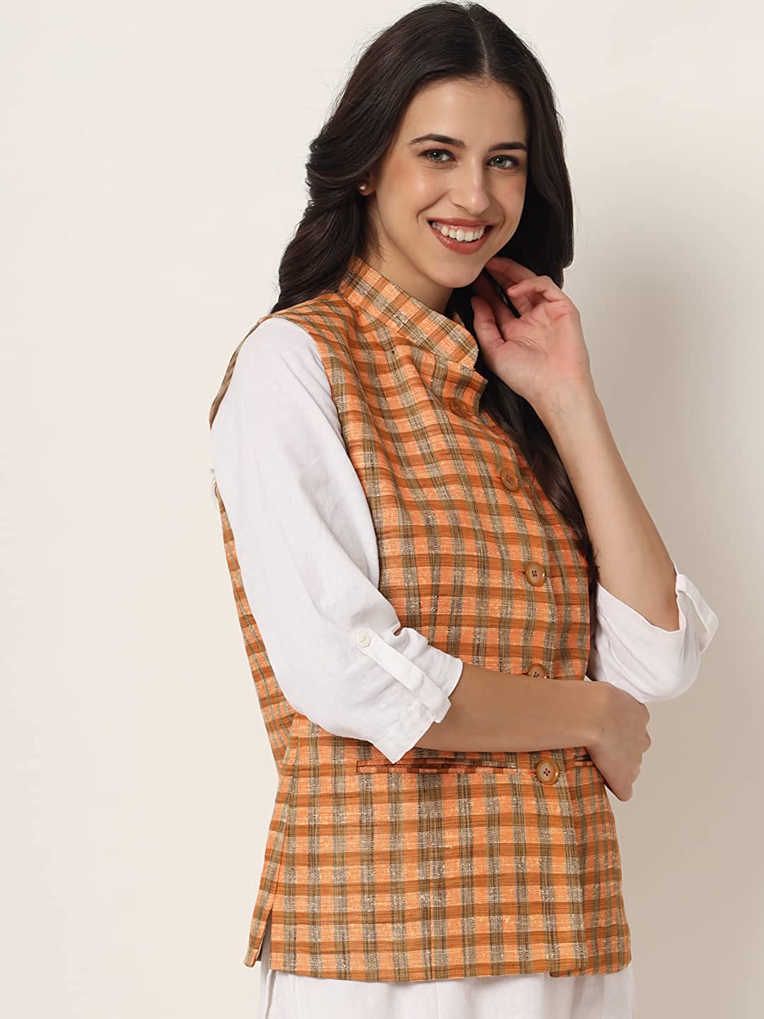 Womens Handloom Block Check Print Nehru Jacket