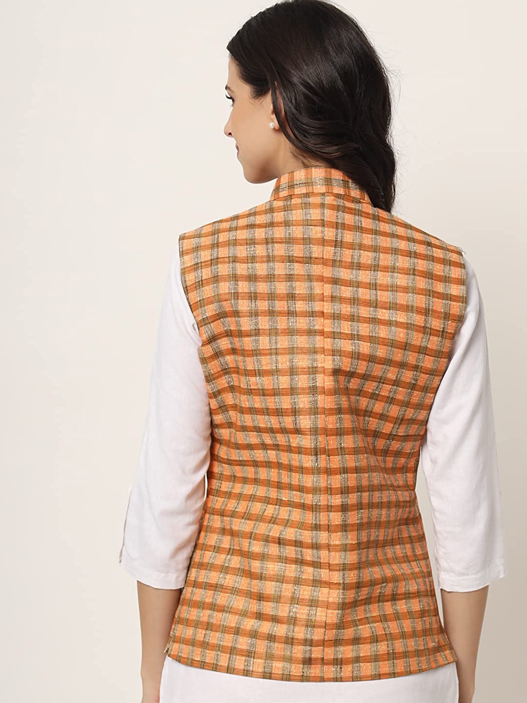 Womens Handloom Block Check Print Nehru Jacket