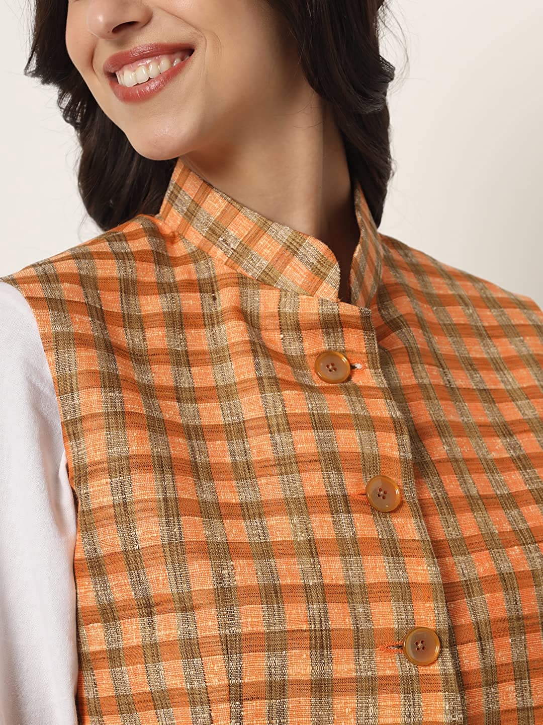 Womens Handloom Block Check Print Nehru Jacket