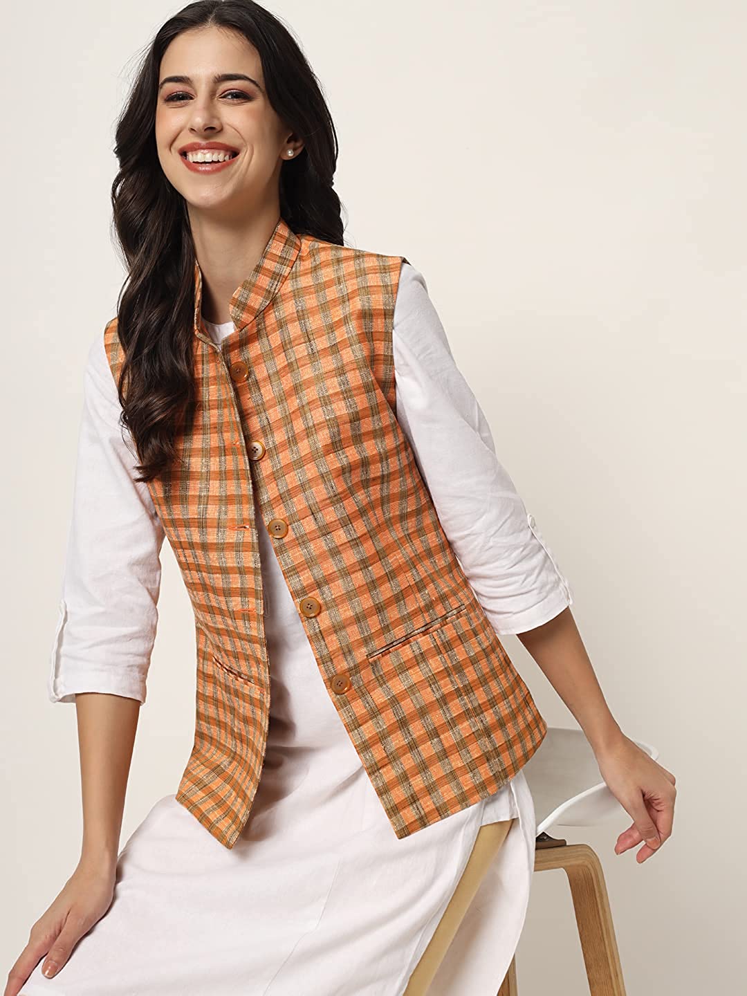 Womens Handloom Block Check Print Nehru Jacket