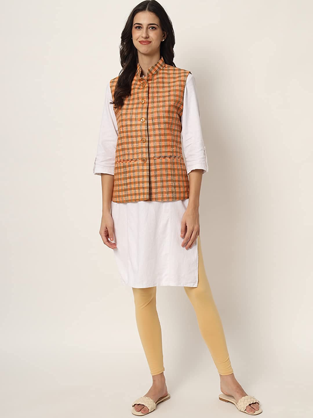 Womens Handloom Block Check Print Nehru Jacket