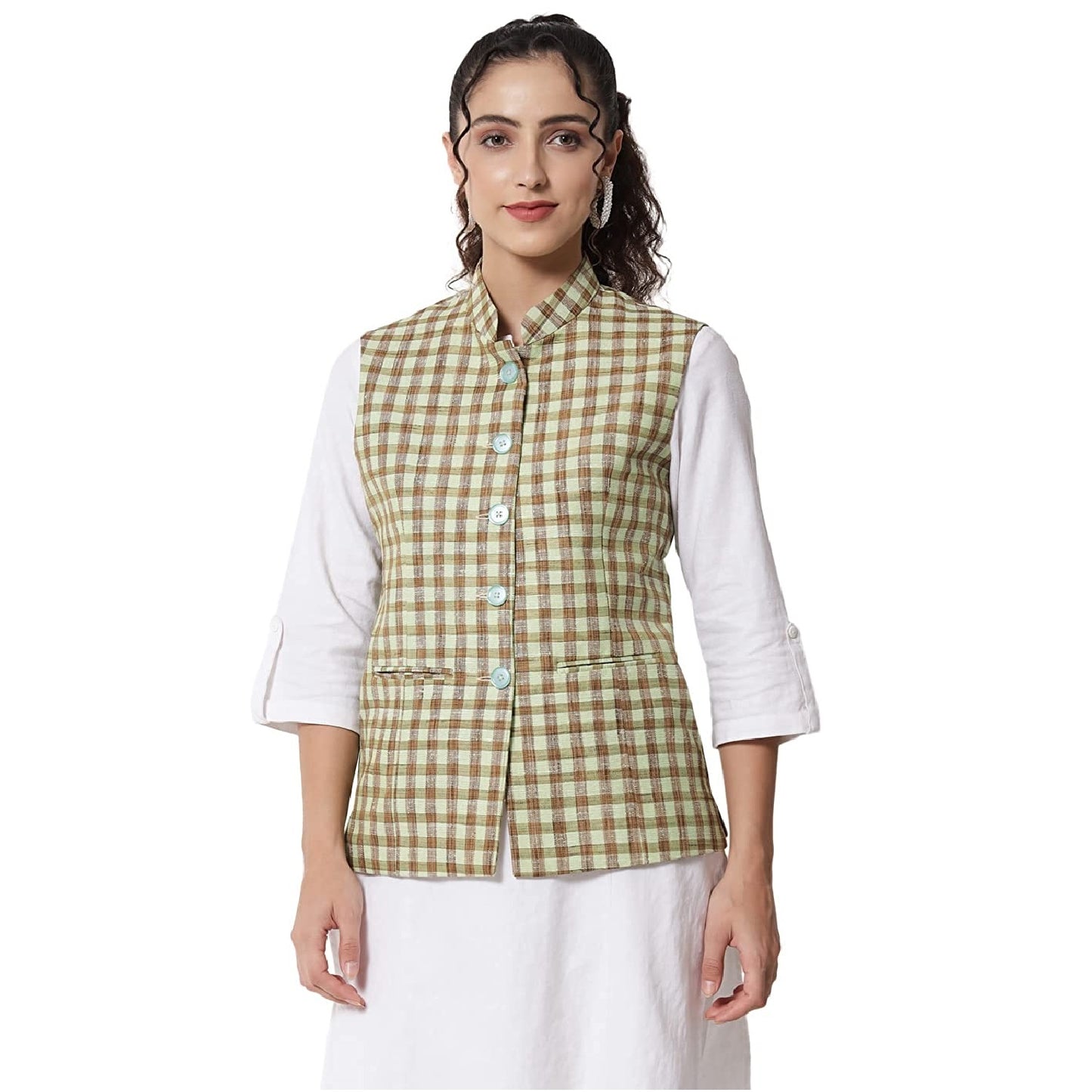 Womens Handloom Block Check Print Nehru Jacket