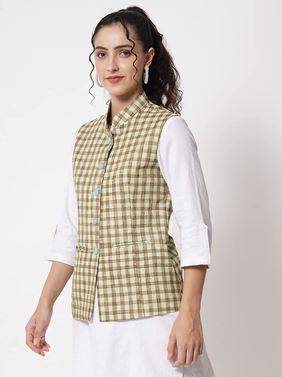 Womens Handloom Block Check Print Nehru Jacket