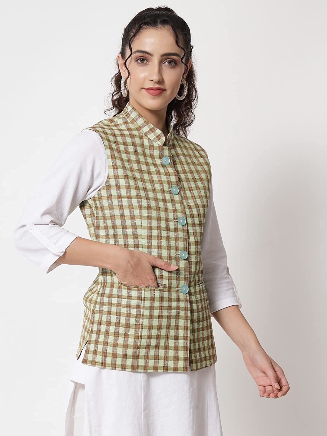 Womens Handloom Block Check Print Nehru Jacket