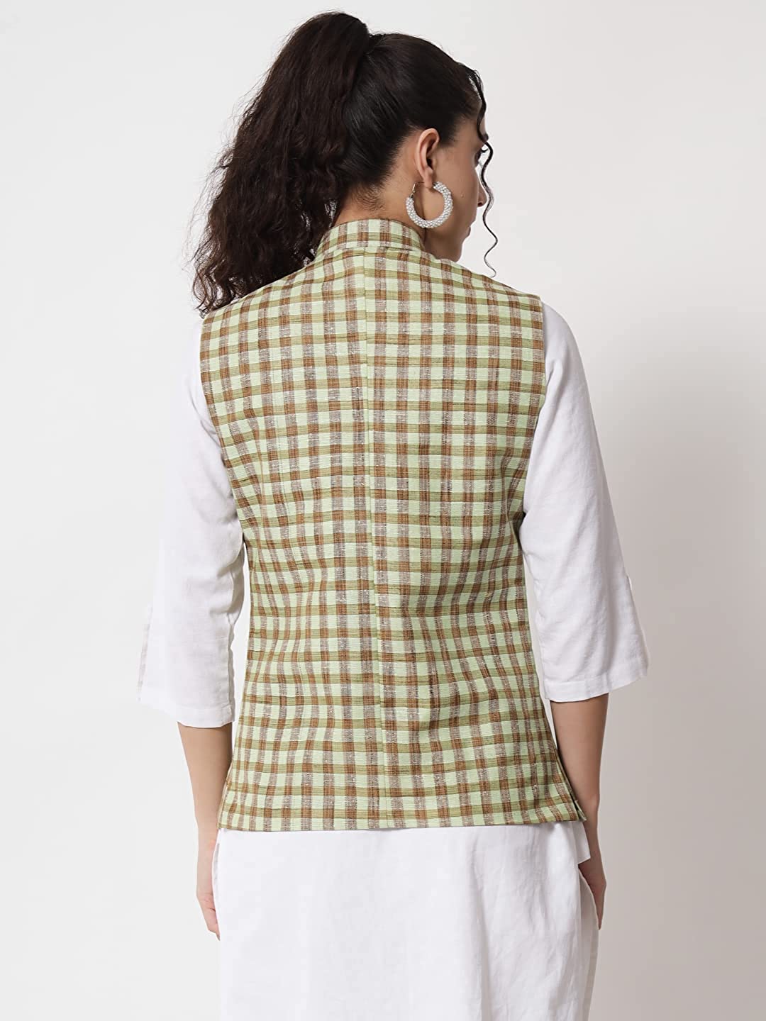 Womens Handloom Block Check Print Nehru Jacket