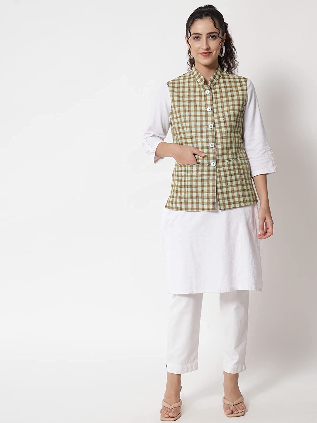 Womens Handloom Block Check Print Nehru Jacket