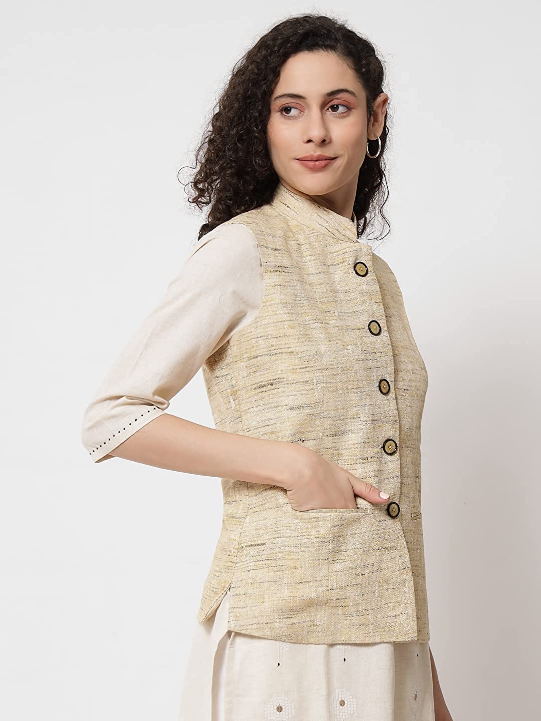 Vastraa Fusion Women's Handloom Khadi Cotton Nehru Jacket