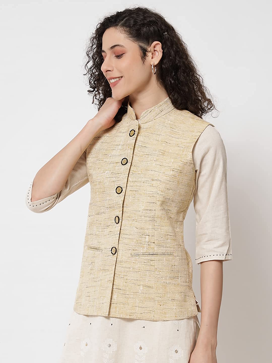 Vastraa Fusion Women's Handloom Khadi Cotton Nehru Jacket
