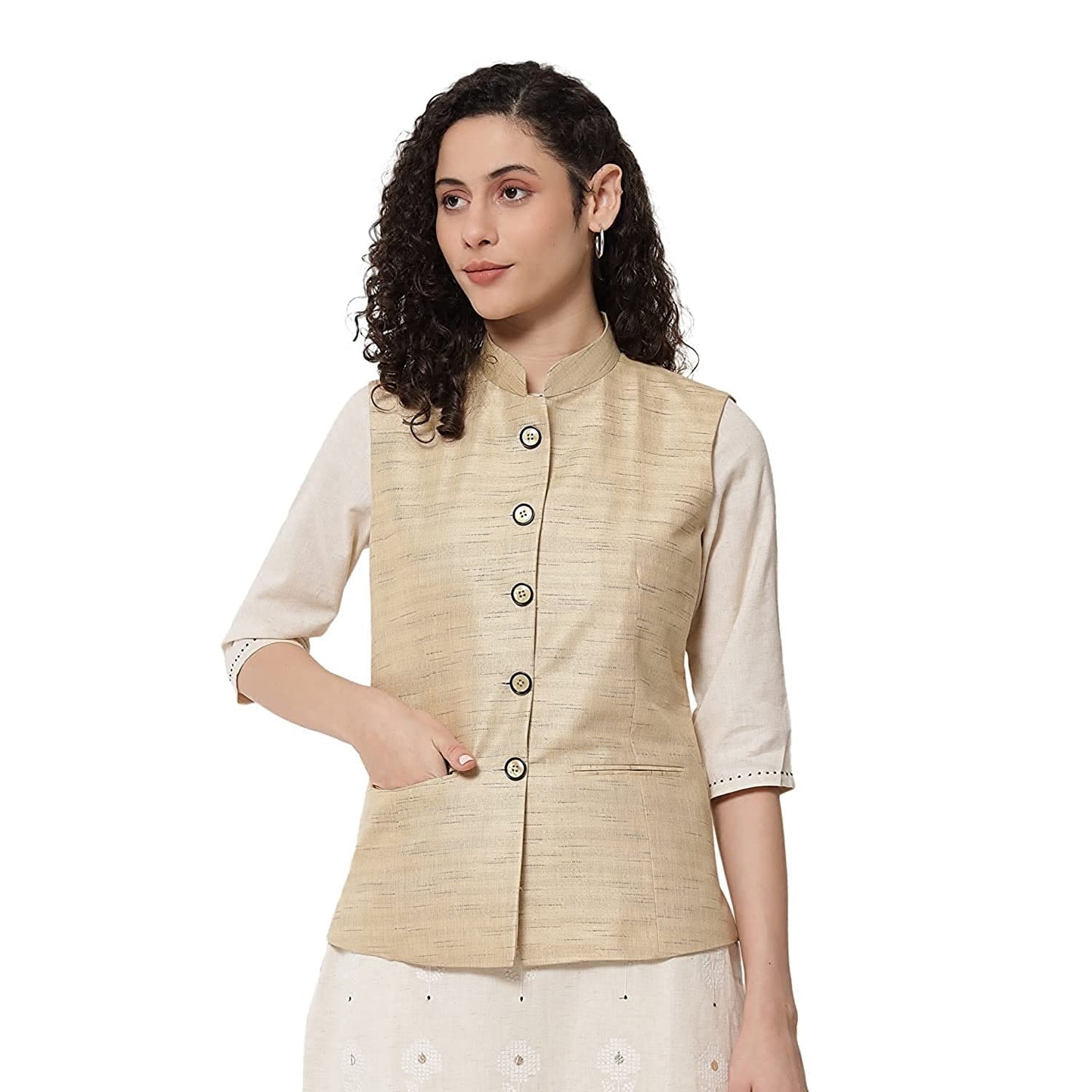 Vastraa Fusion Ladies Modi Jacket / Waistcoat Cotton Silk Look in Textured Print Nehru Jacket