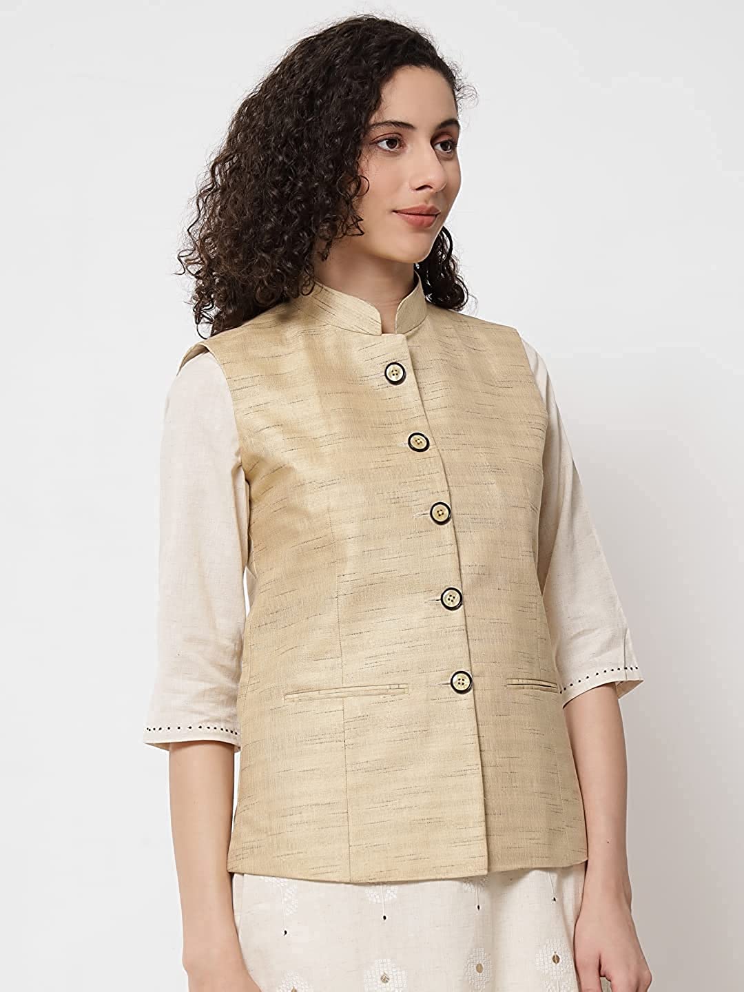 Vastraa Fusion Ladies Modi Jacket / Waistcoat Cotton Silk Look in Textured Print Nehru Jacket