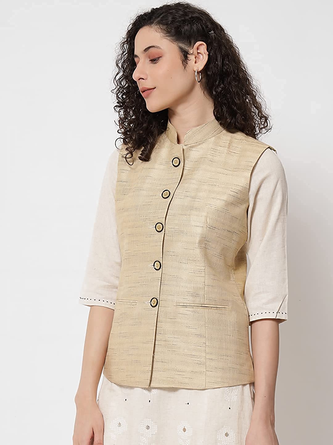Vastraa Fusion Ladies Modi Jacket / Waistcoat Cotton Silk Look in Textured Print Nehru Jacket