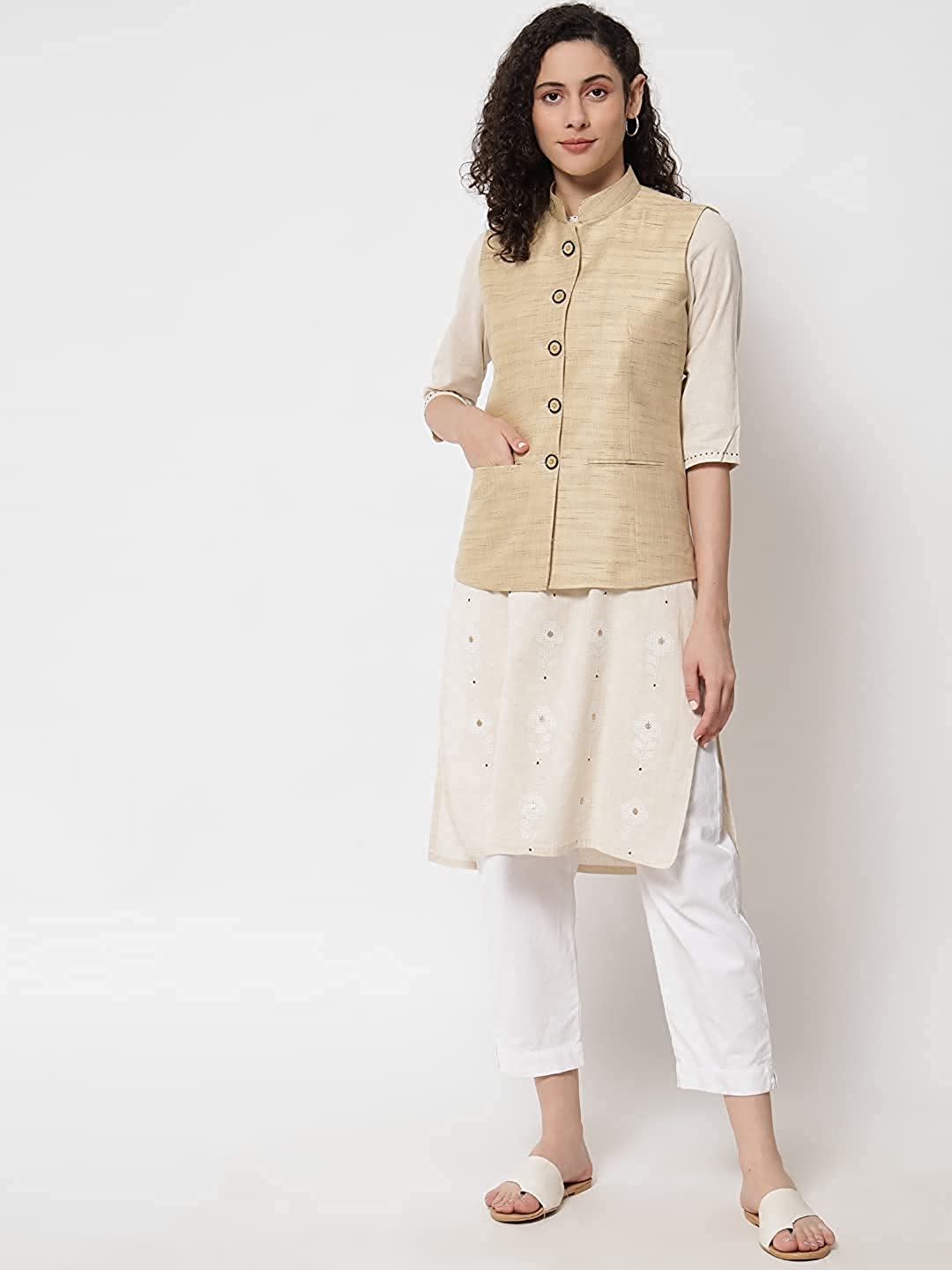Vastraa Fusion Ladies Modi Jacket / Waistcoat Cotton Silk Look in Textured Print Nehru Jacket