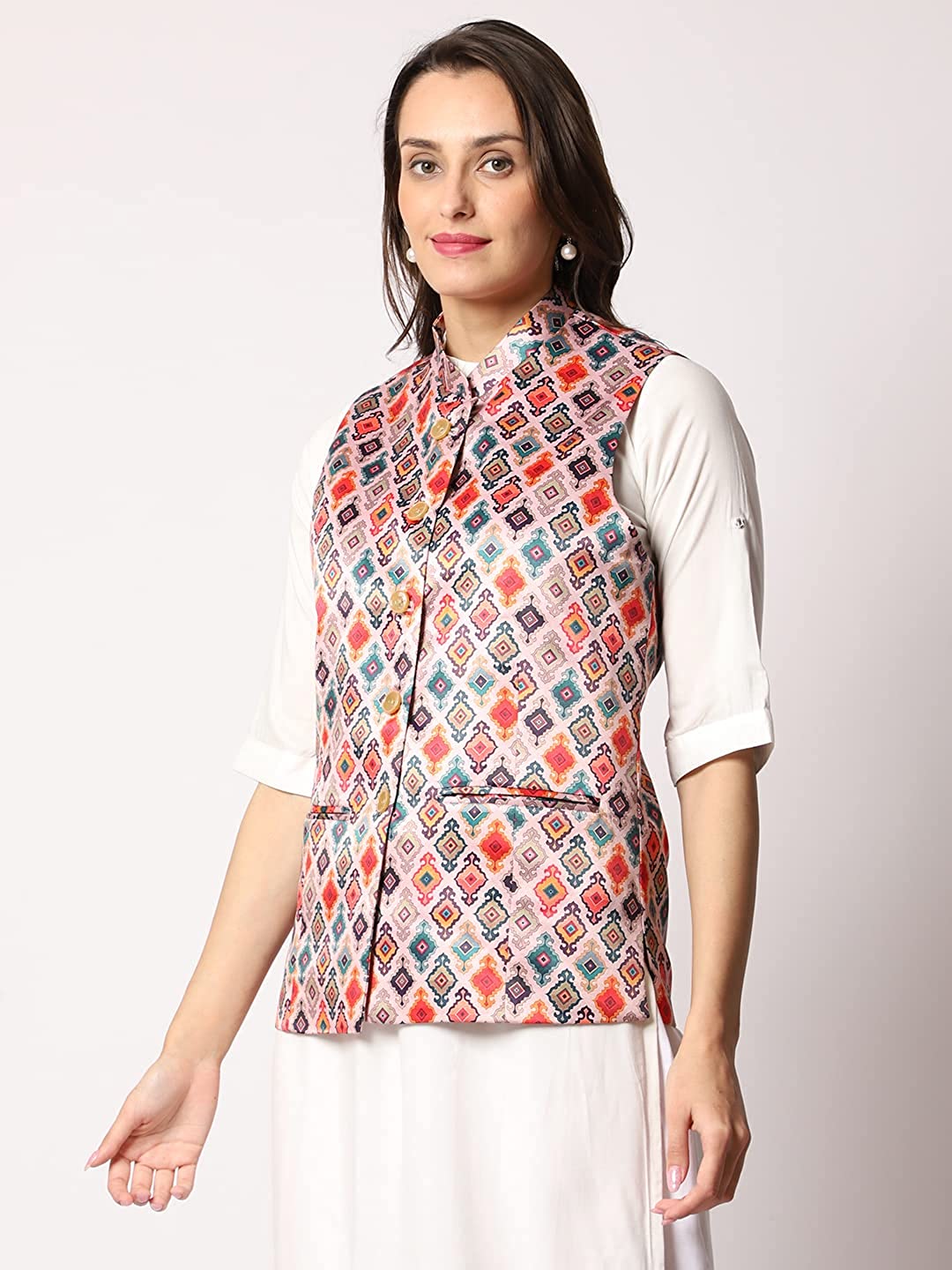 Vastraa Fusion Women's Polyester Cotton Printed Sleeveless Regular Nehru Jacket/Modi Ethnic Waistcoat (Off-White With Multi Print)