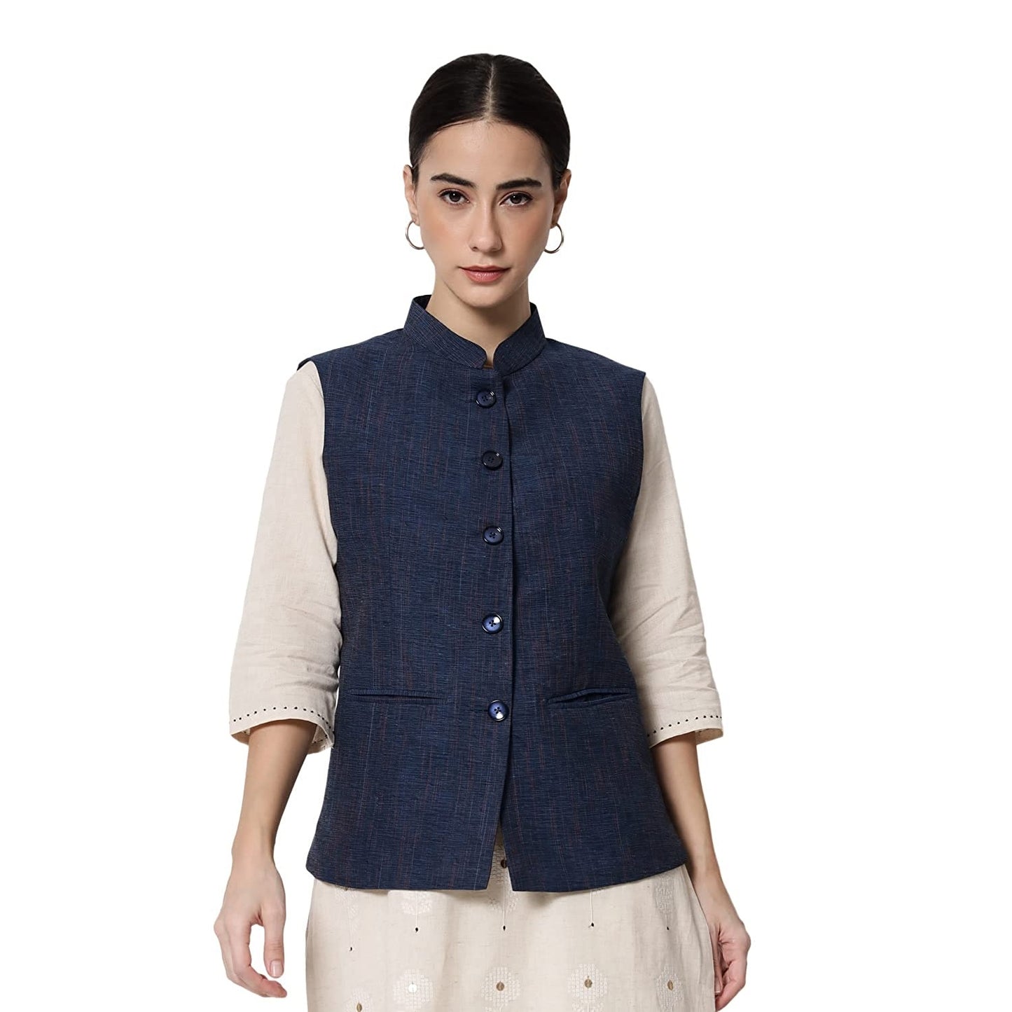 Vastraa Fusion Ladies Modi Jacket / Waistcoat Cotton Silk Look in Textured Print Nehru Jacket