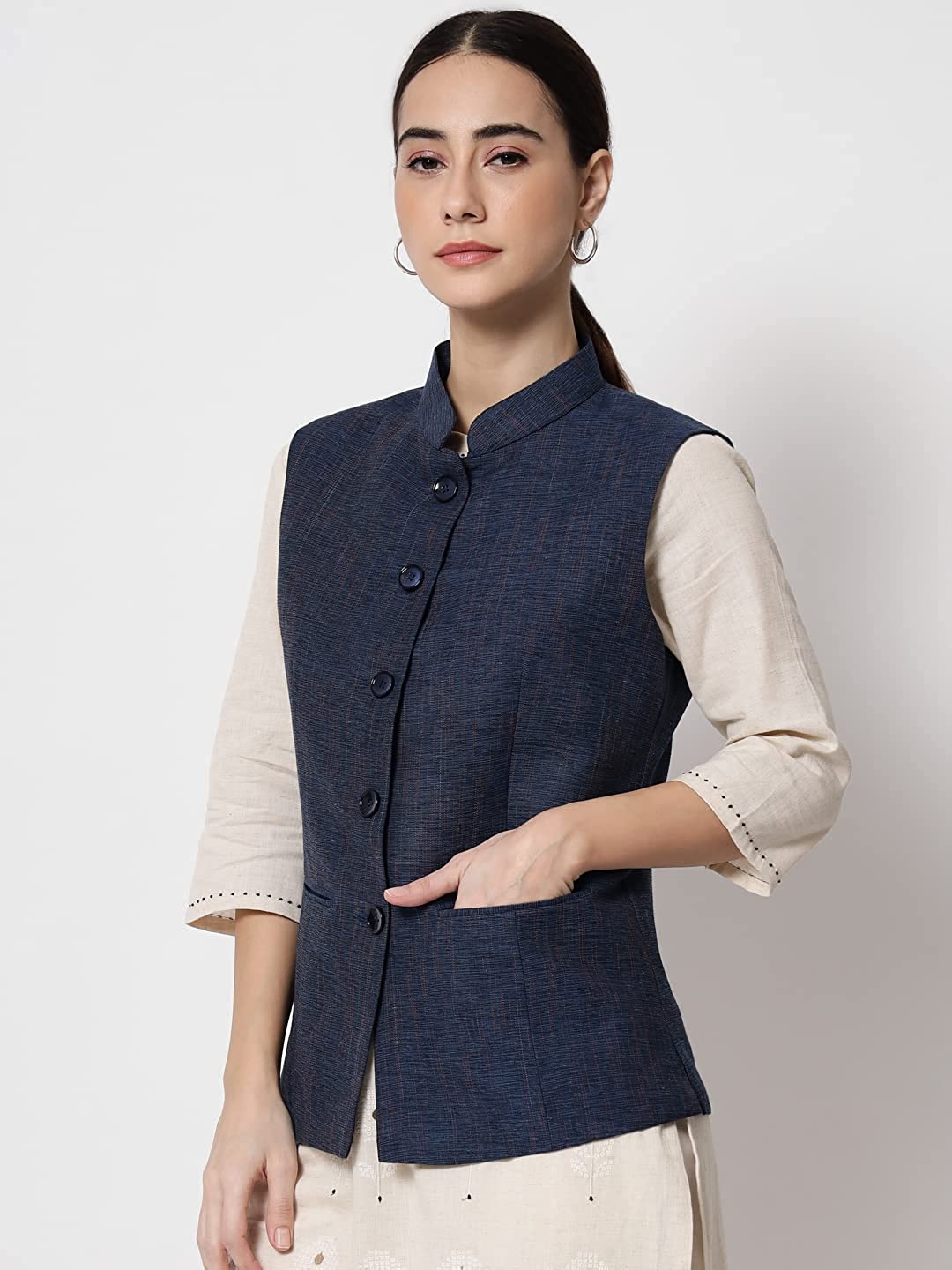 Vastraa Fusion Ladies Modi Jacket / Waistcoat Cotton Silk Look in Textured Print Nehru Jacket
