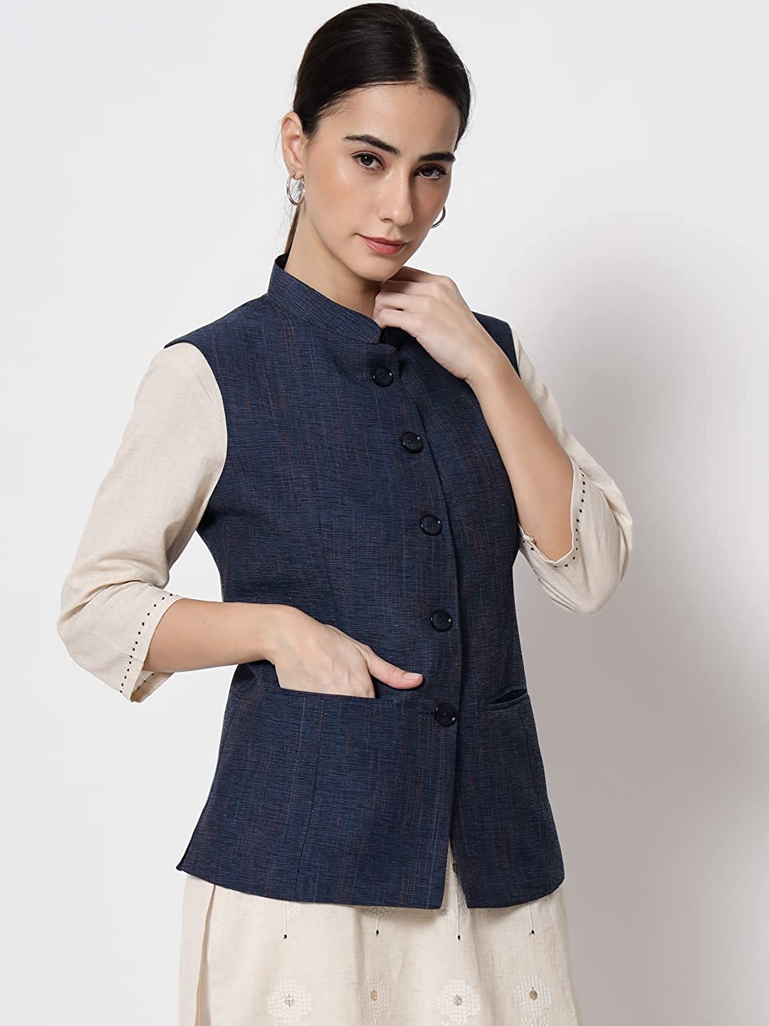 Vastraa Fusion Ladies Modi Jacket / Waistcoat Cotton Silk Look in Textured Print Nehru Jacket
