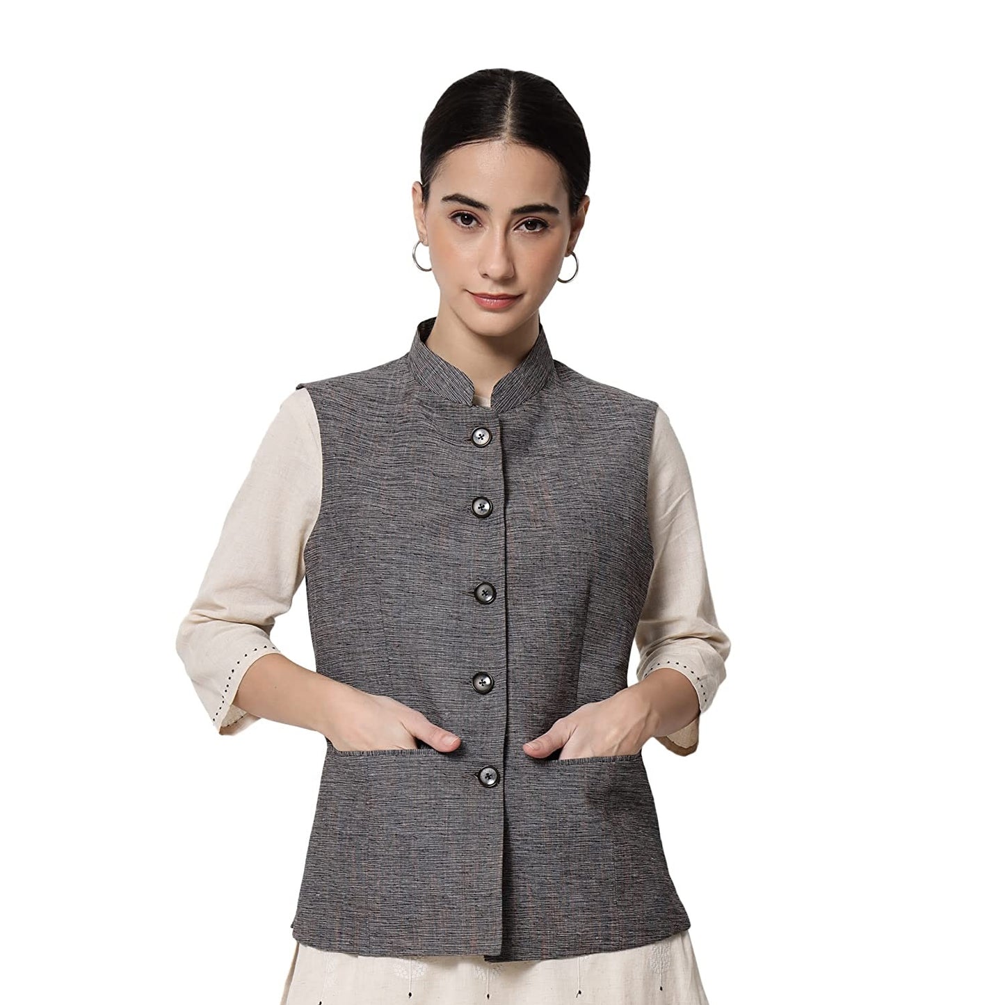 Vastraa Fusion Ladies Modi Jacket / Waistcoat Cotton Silk Look in Textured Print Nehru Jacket