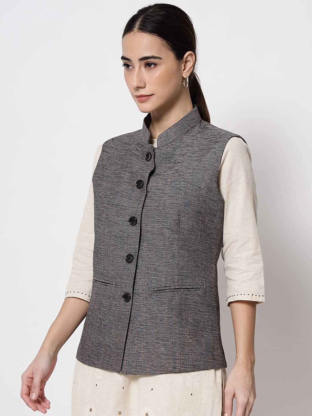 Vastraa Fusion Ladies Modi Jacket / Waistcoat Cotton Silk Look in Textured Print Nehru Jacket
