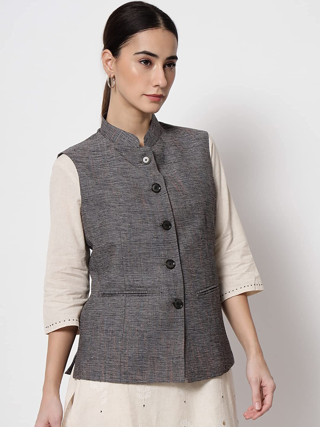 Vastraa Fusion Ladies Modi Jacket / Waistcoat Cotton Silk Look in Textured Print Nehru Jacket