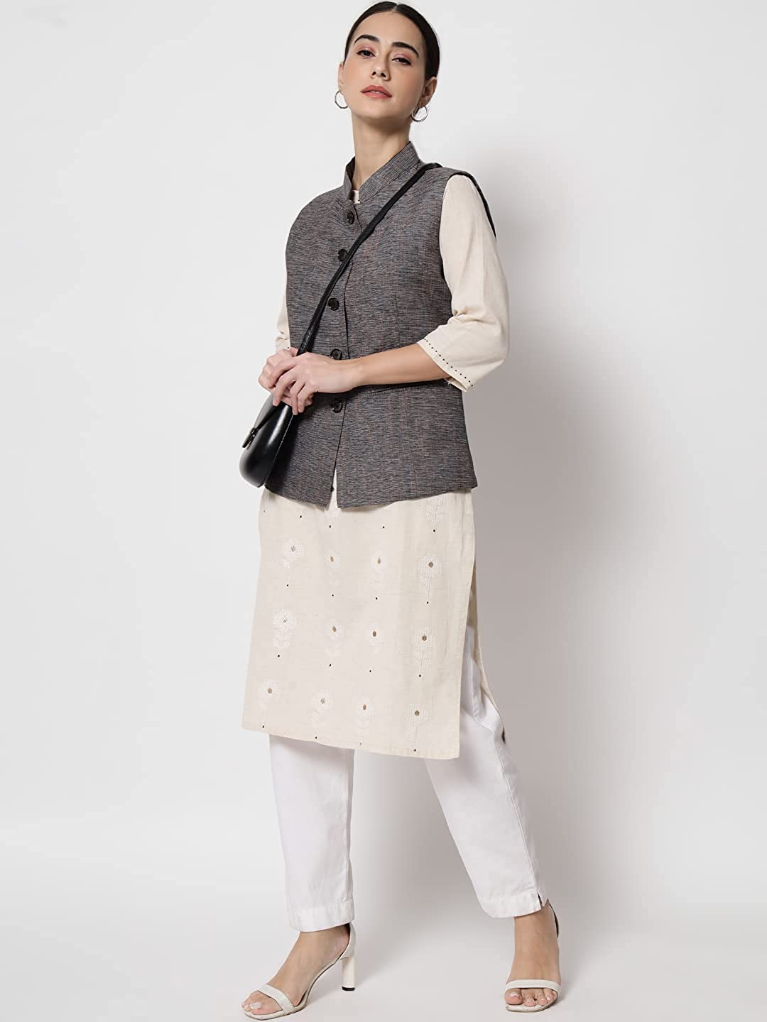 Vastraa Fusion Ladies Modi Jacket / Waistcoat Cotton Silk Look in Textured Print Nehru Jacket
