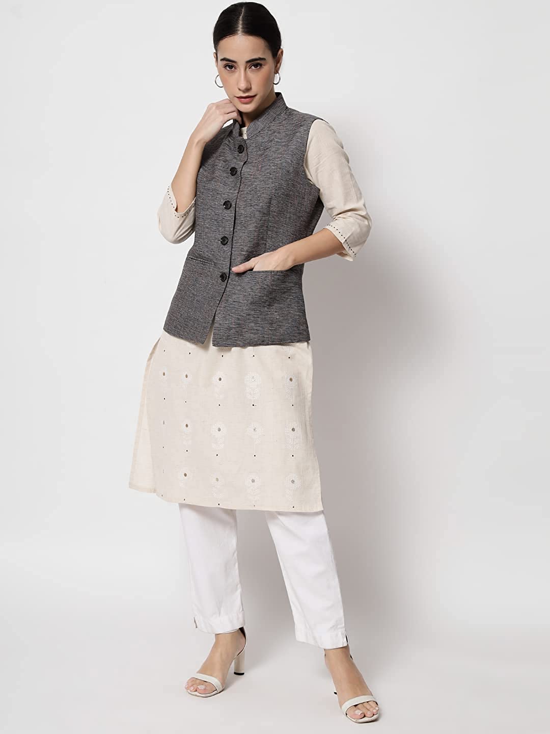 Vastraa Fusion Ladies Modi Jacket / Waistcoat Cotton Silk Look in Textured Print Nehru Jacket