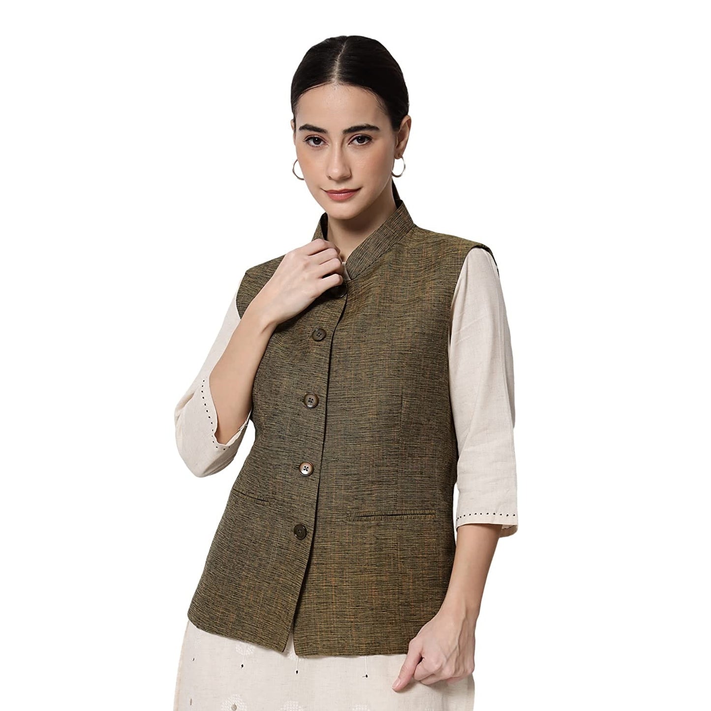Vastraa Fusion Ladies Modi Jacket / Waistcoat Cotton Silk Look in Textured Print Nehru Jacket