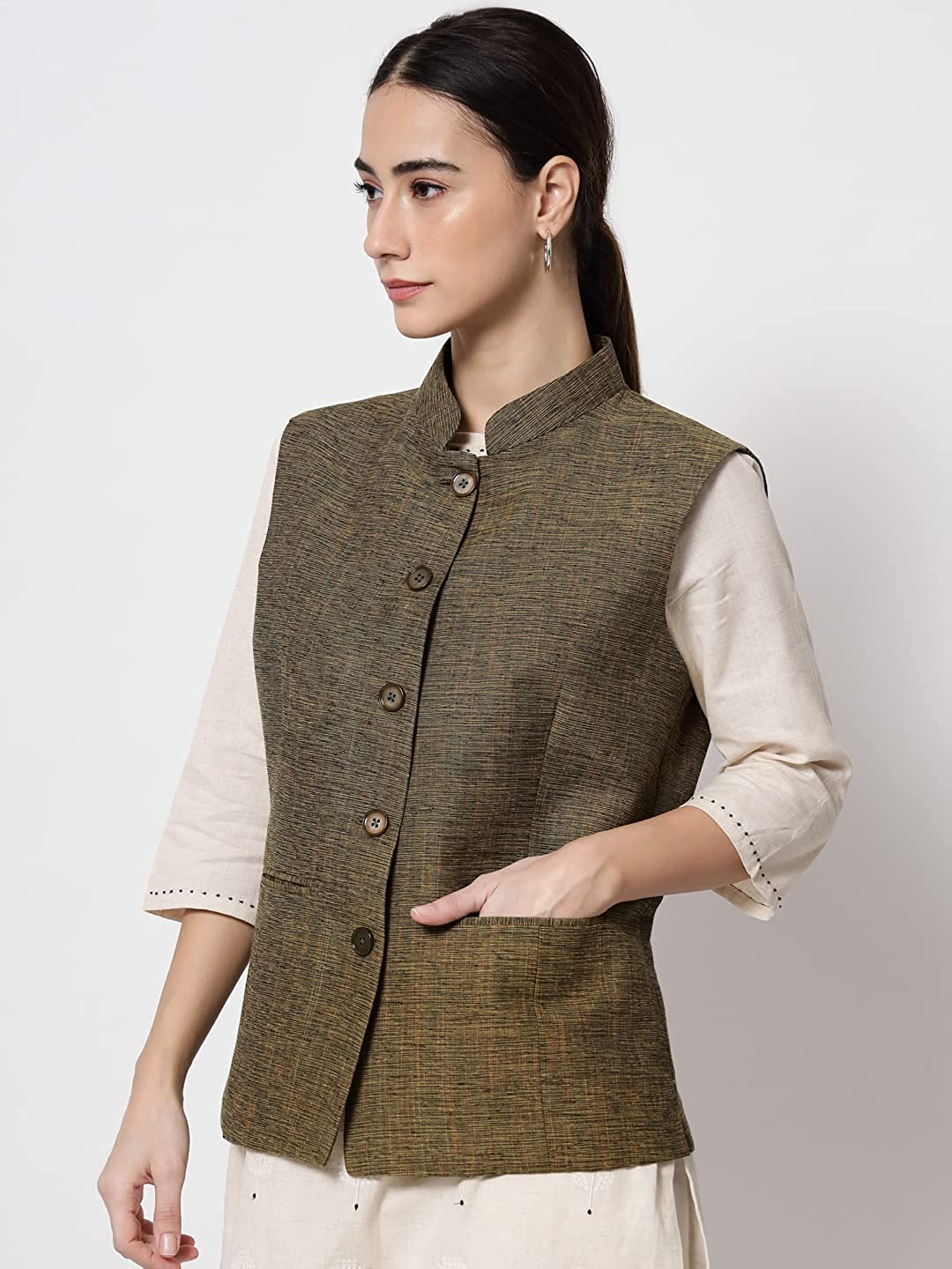 Vastraa Fusion Ladies Modi Jacket / Waistcoat Cotton Silk Look in Textured Print Nehru Jacket