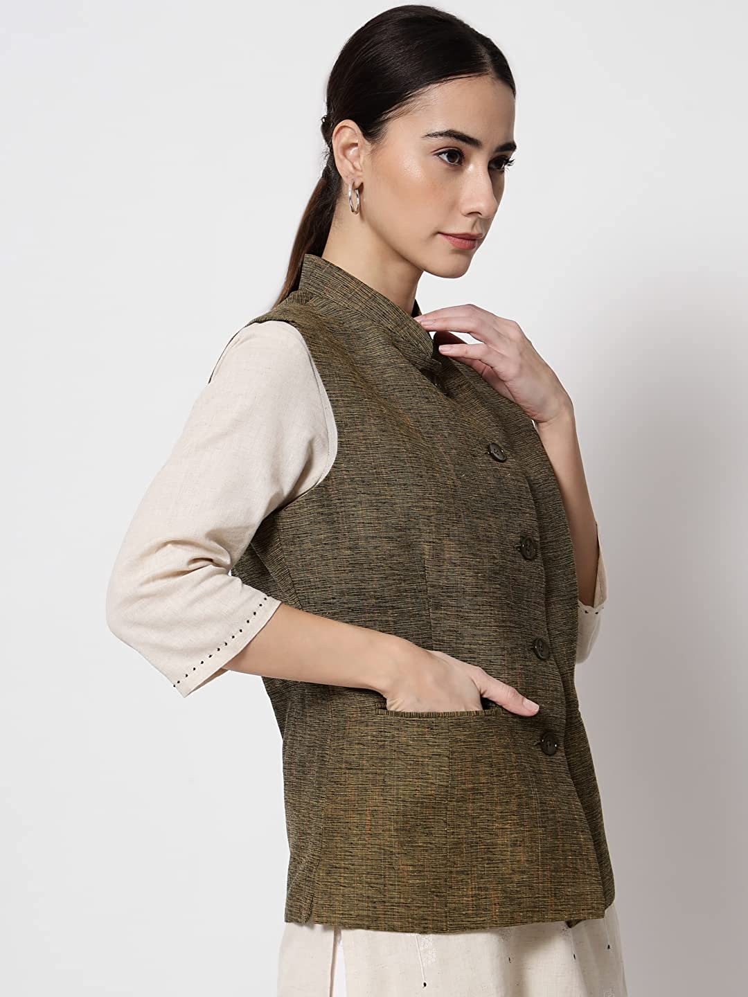 Vastraa Fusion Ladies Modi Jacket / Waistcoat Cotton Silk Look in Textured Print Nehru Jacket