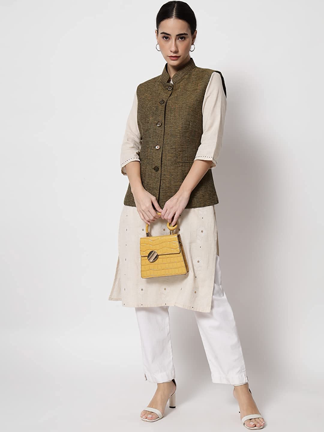 Vastraa Fusion Ladies Modi Jacket / Waistcoat Cotton Silk Look in Textured Print Nehru Jacket
