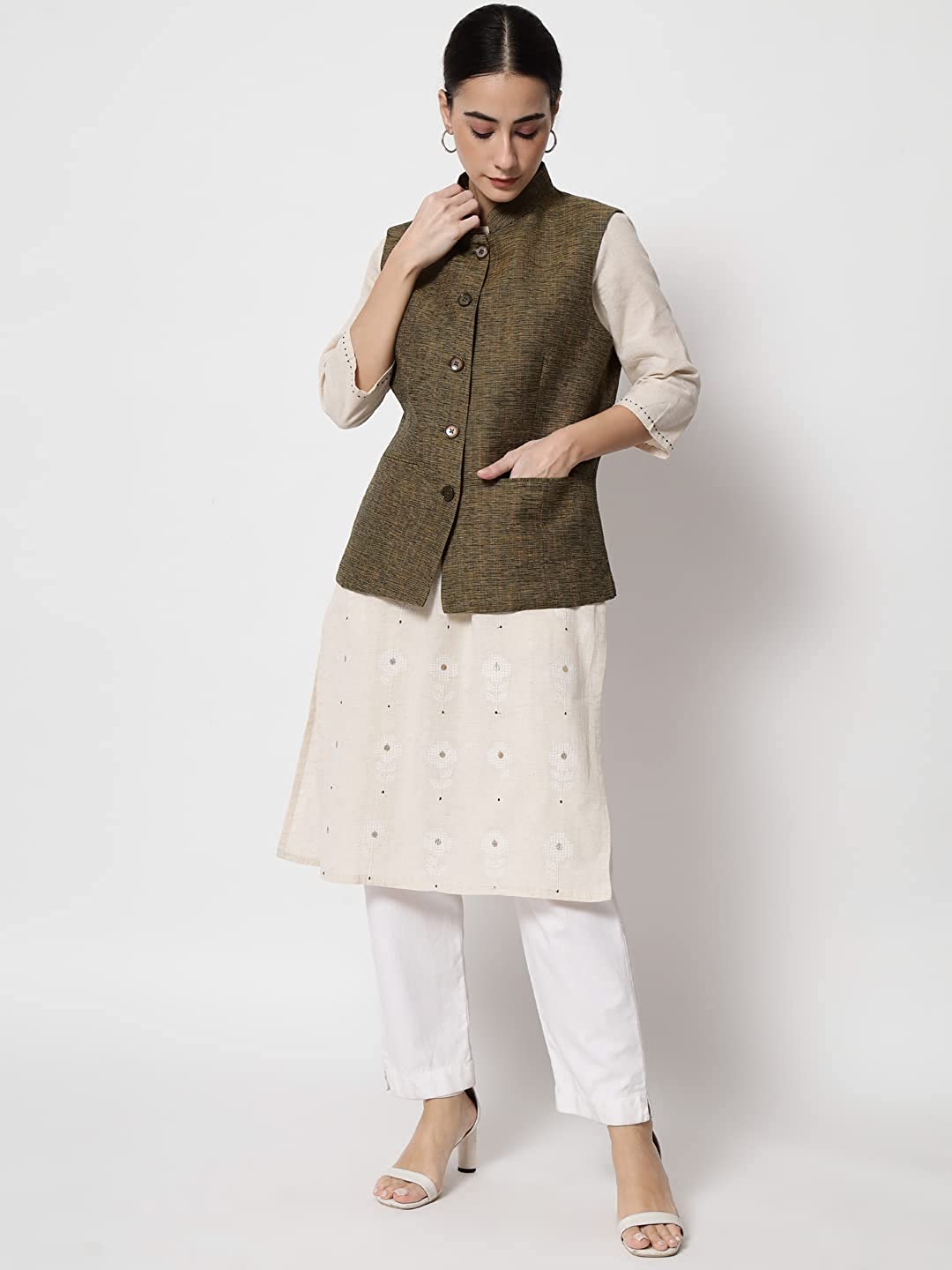 Vastraa Fusion Ladies Modi Jacket / Waistcoat Cotton Silk Look in Textured Print Nehru Jacket