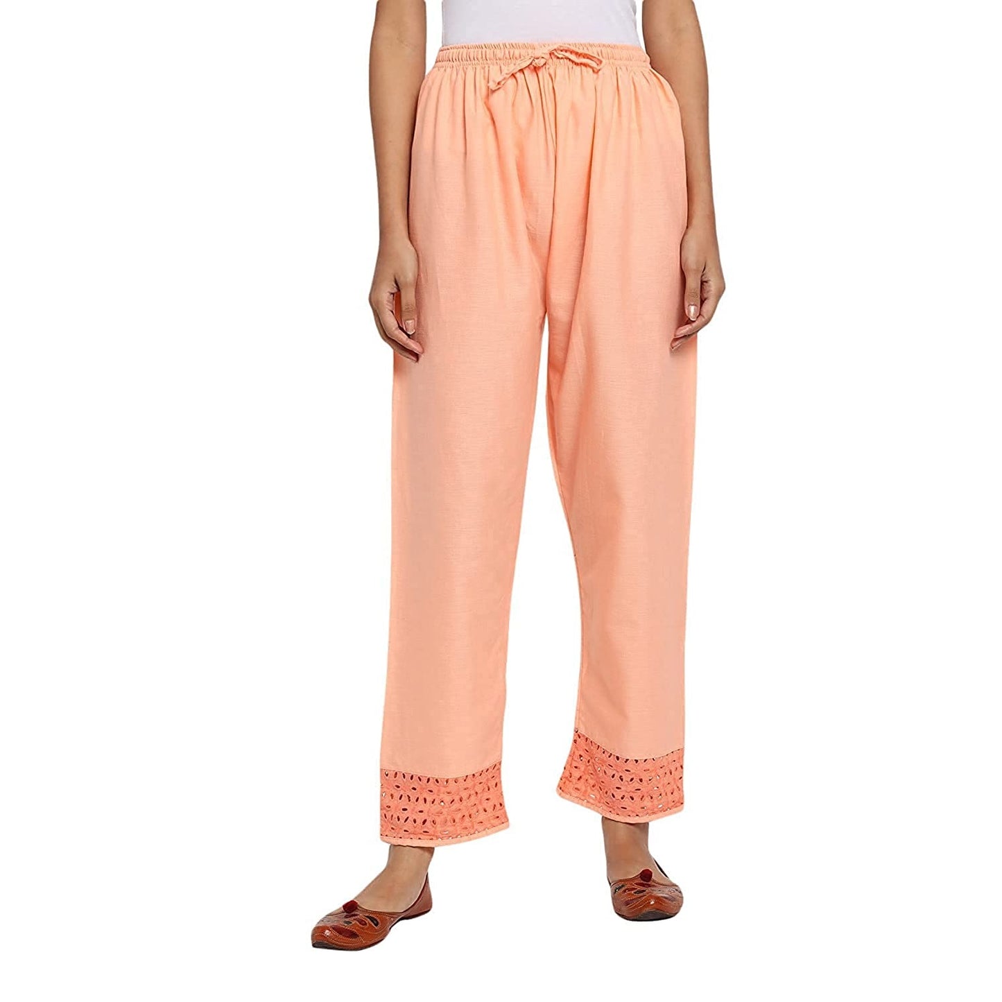 Vastraa Fusion Straight Regular Fit Stylish Solid Cotton Embroidered Lace Palazzo or Bottoms For Women's and Girls