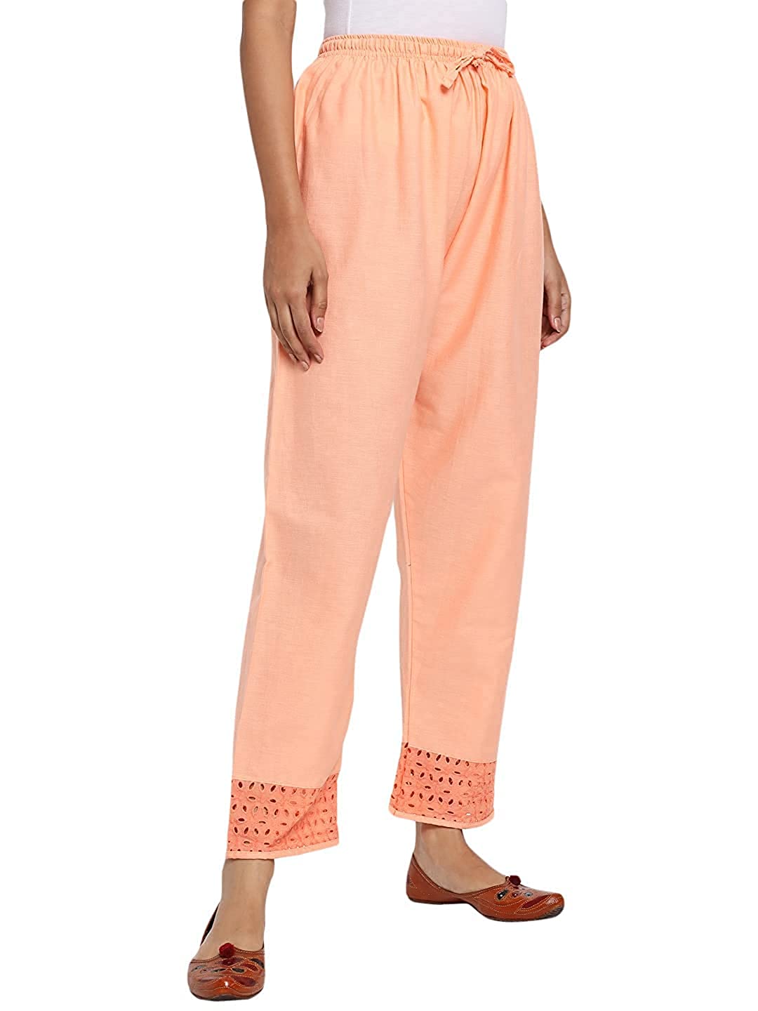 Vastraa Fusion Straight Regular Fit Stylish Solid Cotton Embroidered Lace Palazzo or Bottoms For Women's and Girls