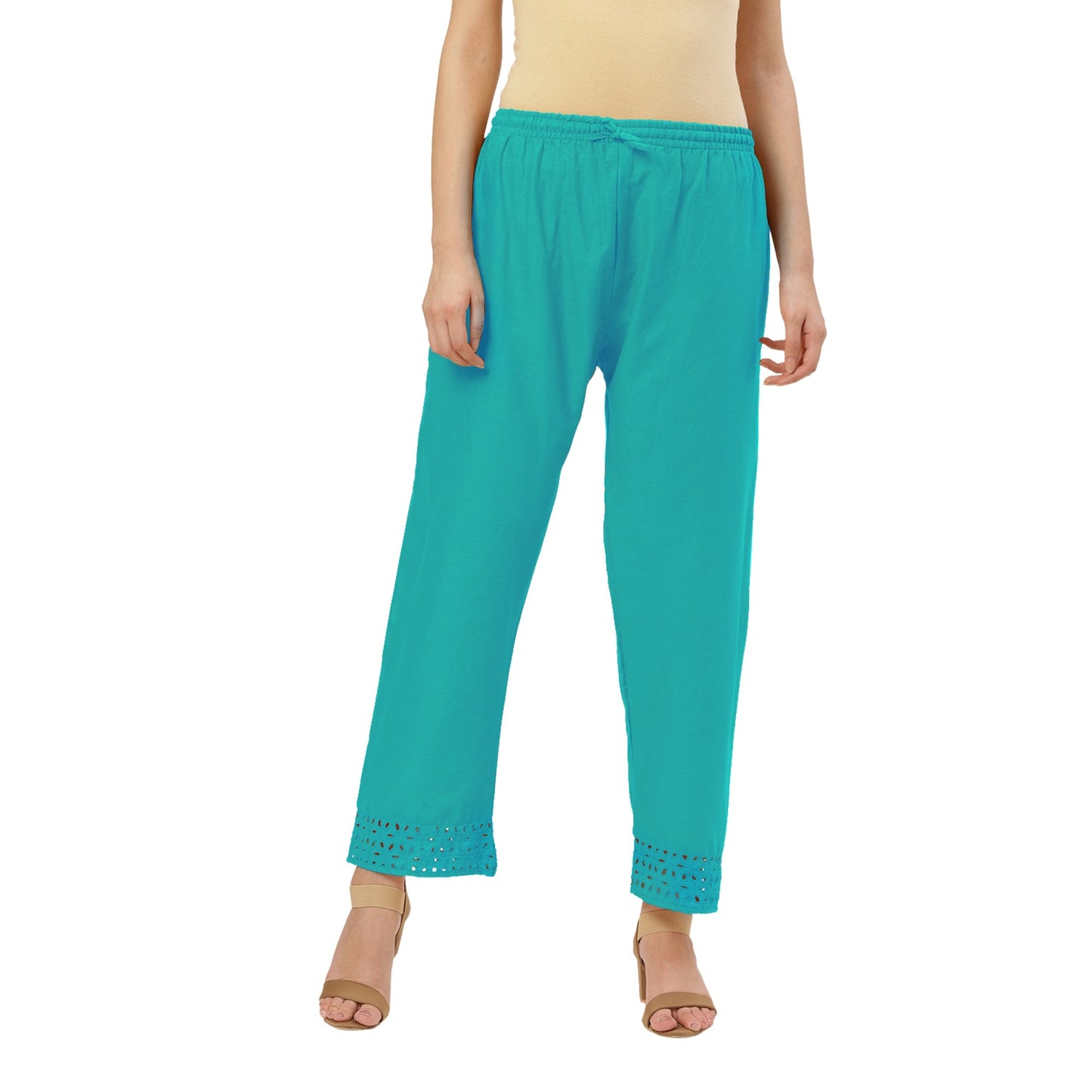 Vastraa Fusion Straight Regular Fit Stylish Solid Cotton Embroidered Lace Palazzo or Bottoms For Women's and Girls