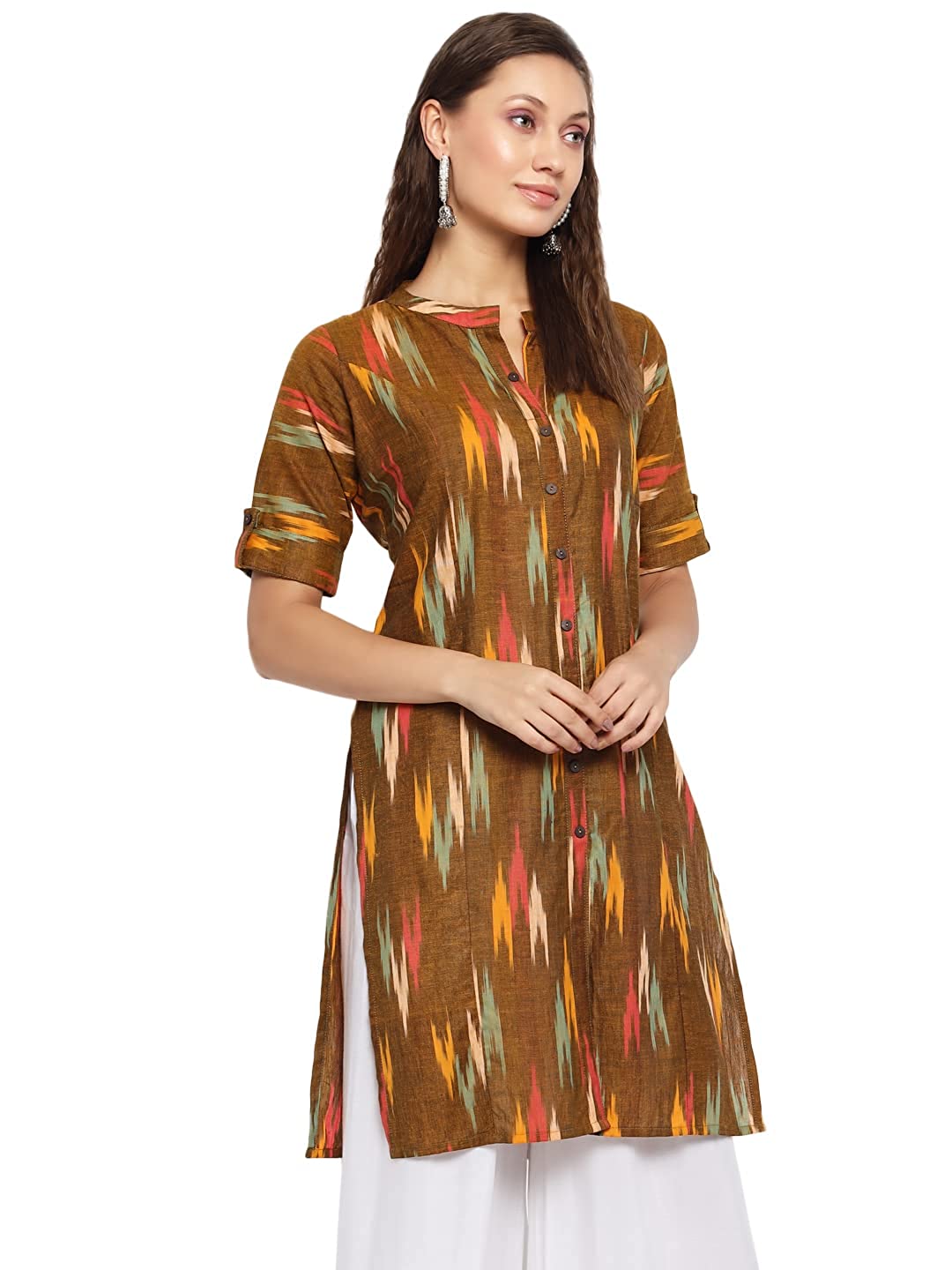 Vastraa Fusion Women's Pure Cotton Handloom Ikat Work Kurta/Kurti