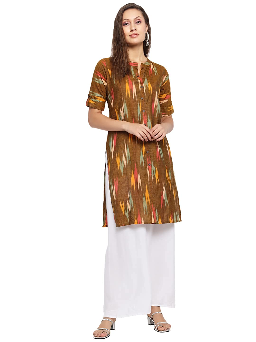 Vastraa Fusion Women's Pure Cotton Handloom Ikat Work Kurta/Kurti