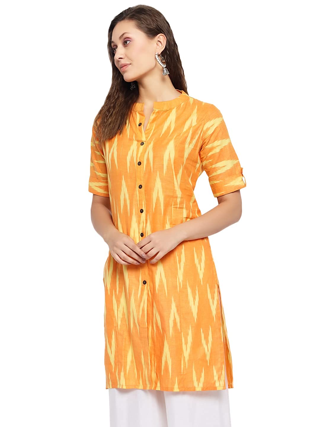 Vastraa Fusion Women's Pure Cotton Handloom Ikat Work Kurta/Kurti