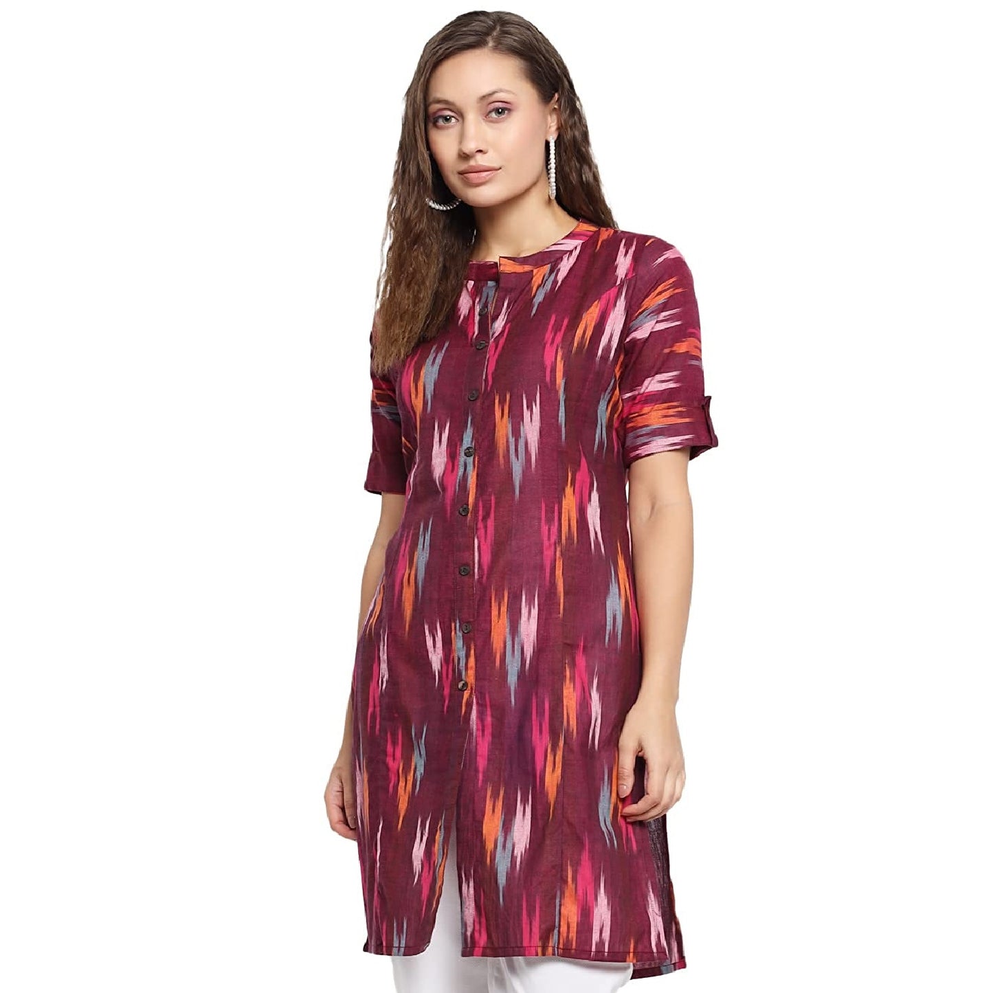 Vastraa Fusion Women's Pure Cotton Handloom Ikat Work Kurta/Kurti